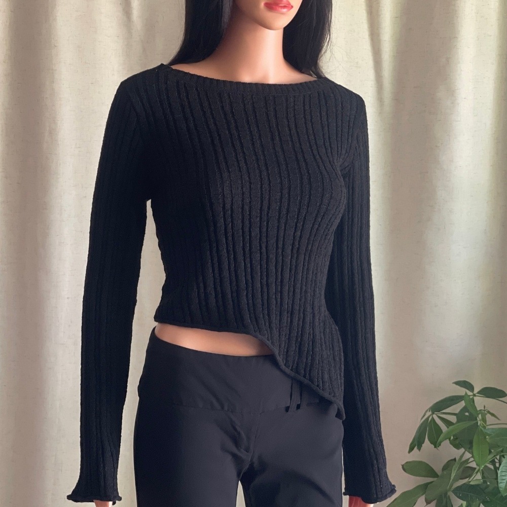 Black Asymmetrical Ribbed Knit Long Sleeve Top Cyber Grunge Goth Alt Edgy L